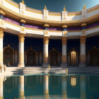 Classical courtyard with grand columns and arches by tranquil pool