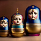 Intricate ornate matryoshka dolls on brown background