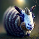 Whimsical digital artwork: Goat-headed creature with accordion body and floral details next to a patterned