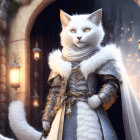 White cat in medieval armor under gothic arches with lanterns