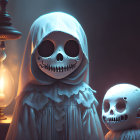 Cartoonish skull characters in spooky scene with lantern