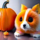 Stylized digital artwork: Fluffy dog with pumpkins