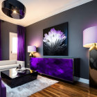 Purple-themed modern living room with floral art, drapes, and black furniture