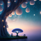 Enchanting nightscape with glowing orbs, lanterns, tree, stars.