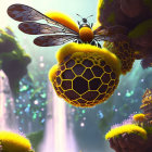 Fantasy digital artwork: oversized bees, honeycomb structures, floating islands