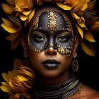 Woman with intricate black and white face paint and sunflower accessories on dark background