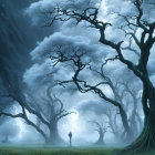 Ethereal forest scene with lone figure and lightning glimpses