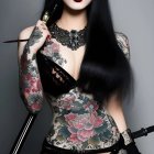 Intricately tattooed person in dark choker and lace attire holding makeup brush