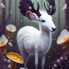 Mystical white deer with branch-like antlers in magical forest