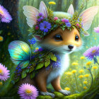 Whimsical fox with butterfly wings in enchanted forest illustration