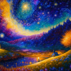 Whimsical night sky painting with galaxies above hilly landscape