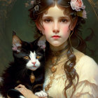 Digital painting of serene young girl with black and white cat in floral accessories.