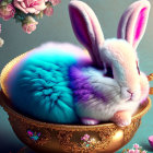 Colorful digital artwork: Fluffy white and blue rabbit in golden bowl with flowers