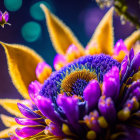 Colorful Purple and Orange Flowers Against Blue Background with Moon-like Orb