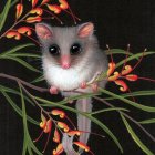 Large-eyed possum on branch with vibrant flowers against dark background