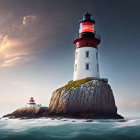 Majestic red and white lighthouse on rugged cliff by ocean under tranquil sky