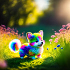 Colorful Rainbow-Furred Dog in Sunlit Meadow with Pink Flowers