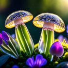 Fantasy mushrooms with glowing, dotted cap in vibrant floral field