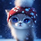 Fluffy cat with blue eyes in red winter hat surrounded by snow and pine tree