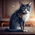 Long-haired cat with green eyes and tattoos in elegant room