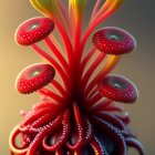 Colorful abstract digital artwork of plant-like structure with red stems and multi-colored blossoms and intricate patterns