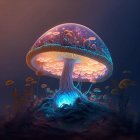 Glowing flowers and luminous mushroom in transparent sphere in mystical forest