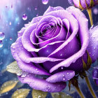 Vibrant purple rose with dewdrops on petals against blurred background.