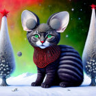 Whimsical large-eared kitten in red scarf amidst snowy trees and colorful aurora.