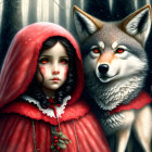 Girl in red hood with realistic wolf in mystical forest setting