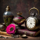 Classic Still Life Composition with Pocket Watch, Flower, Containers & Books