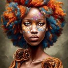 Woman with Vibrant Blue and Orange Afro Hair and Golden Floral Makeup