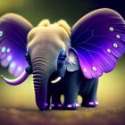 Colorful Baby Elephant with Butterfly Wings and Mouse on Grass