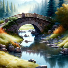 Stone arch bridge over stream with waterfalls in lush forest landscape