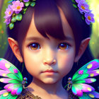 Child with pointy ears, flower crown, butterfly wings in twilight setting