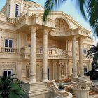 Ornate pink house with curved details and grand staircase