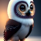 Stylized digital illustration of cute owl with oversized sparkling eyes, white and purple feathers