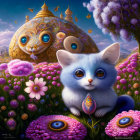 Colorful Digital Artwork: Wide-eyed Kitten in Floral Fantasy Landscape