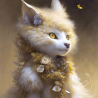 Cream-Colored Cat with Golden Flowers and Butterfly Gazing Scene