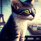 Large-eyed cat on balcony with Eiffel Tower and Paris cityscape, dramatic sky and flying birds