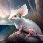 Fantastical axolotl-like creature with gills and spots in twilight setting