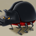 Stylized black beetle with orange eyes and red underbelly on neutral background