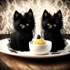 Fluffy black cats with yellow eyes next to cat figurine in noodle bowl