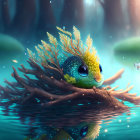 Colorful surreal illustration of frog-like creature on tree branch