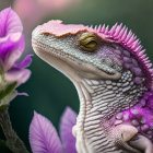 Detailed close-up: White and purple gecko with golden eyes in pink flower setting