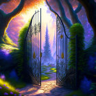 Ornate Gate Opens to Mystical Forest in Purple and Blue Hues