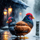 Chickens under umbrella in rain with street lights