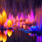 Colorful Artificial Lotus Flowers Illuminated on Calm Water