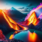 Twin erupting volcanoes near lake with snowy peak & twilight sky