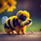 Adorable puppy-bodied bee creature among sunflowers