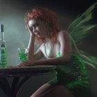 Translucent-winged fairy in green dress at ornate table with crystal